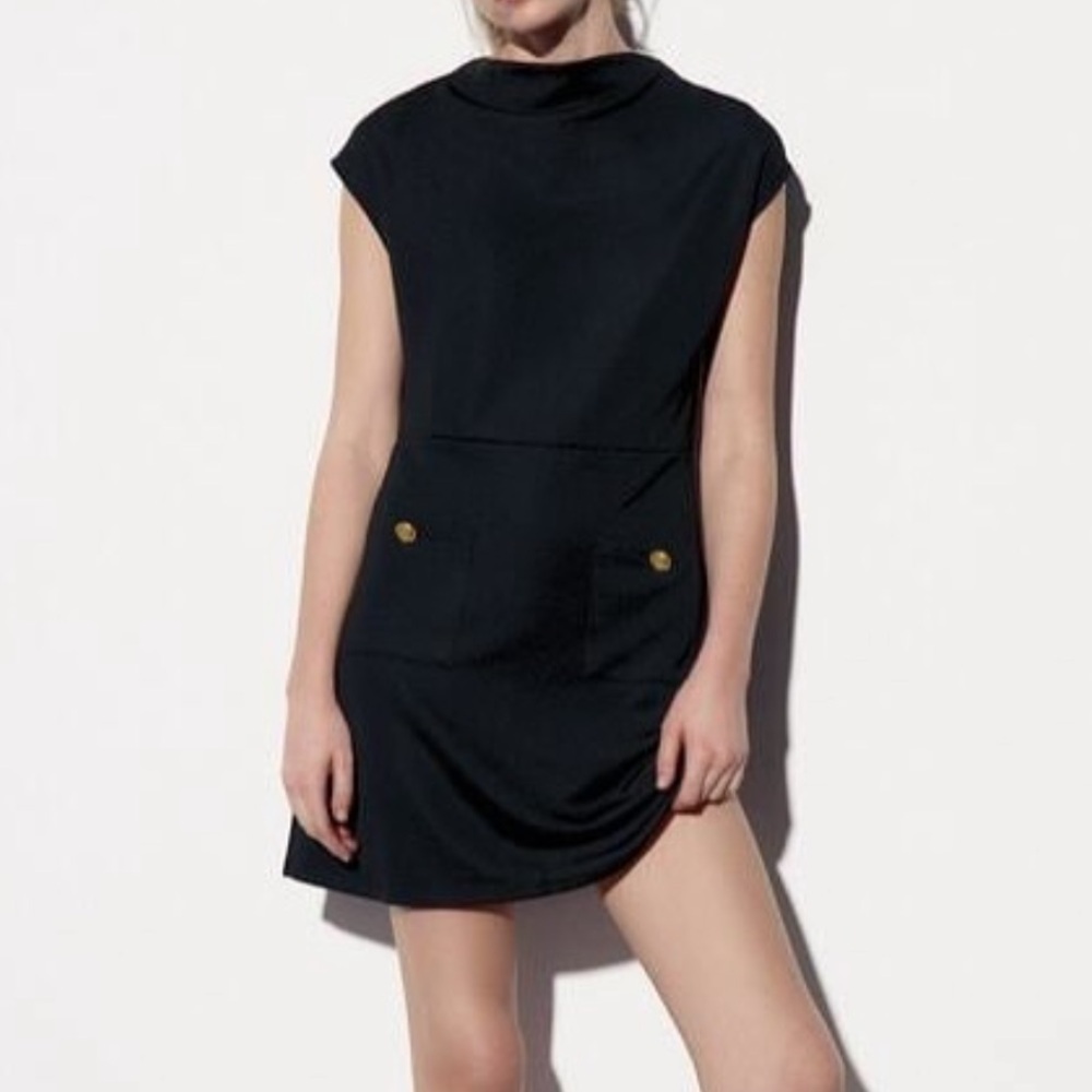 Zara Draped Boat Neck Sheath Mini Dress Gold Button Pockets Black NWT